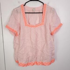 J Crew Top Womens M Linen Lightweight Square Neck Puff Sleeve Embroidered Trim